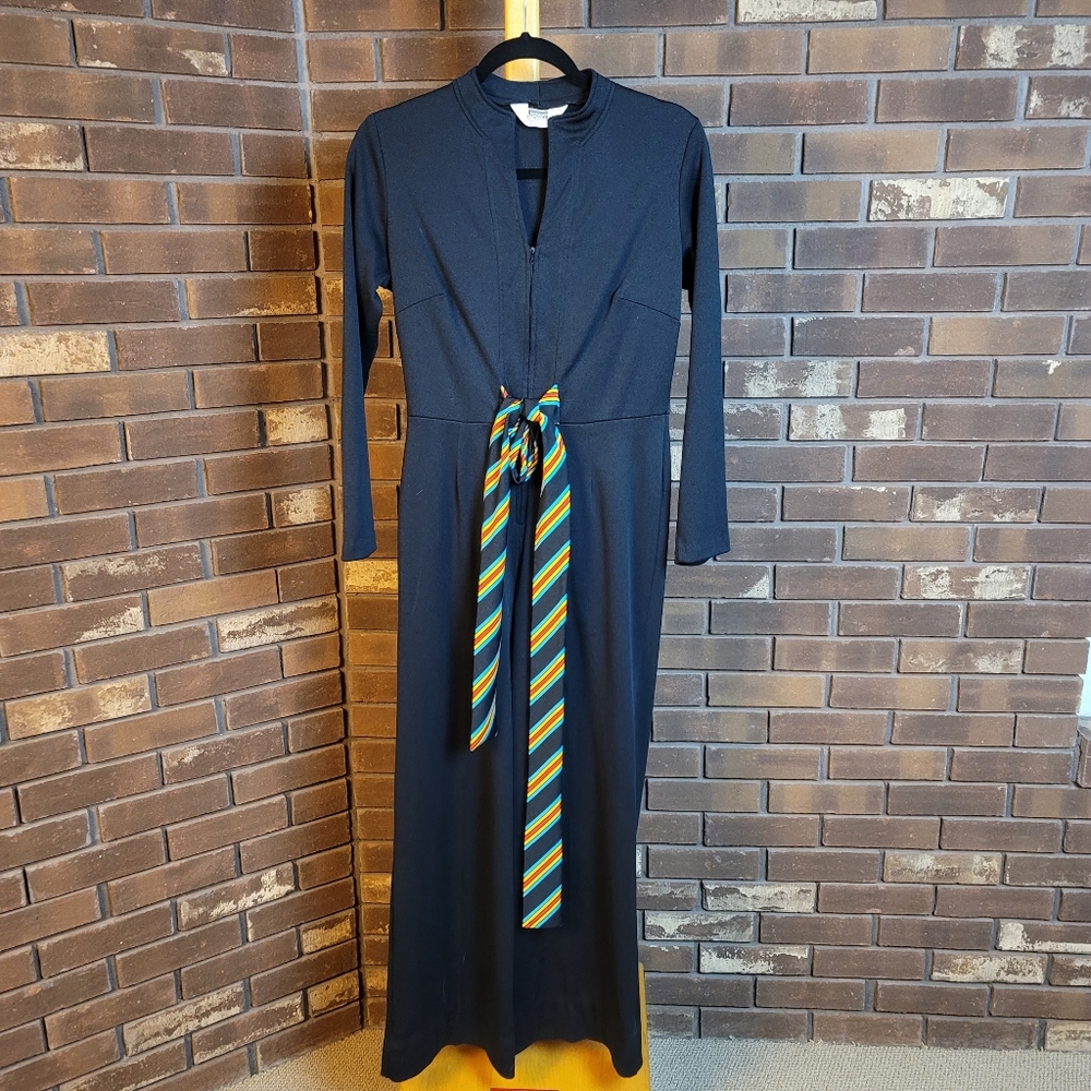 Montgomery Ward vintage polyester black and rainbow belt v neck jumpsuit